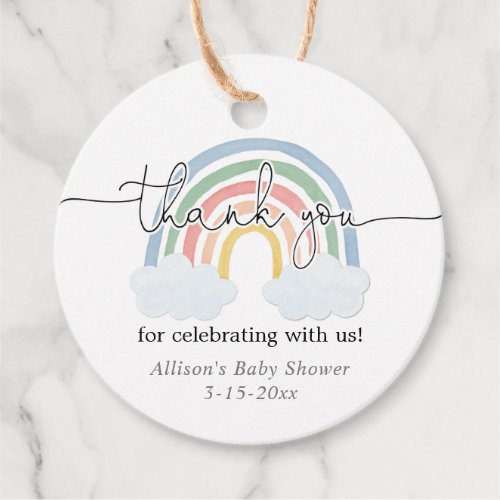 Rainbow watercolor pastel baby shower thank you favor tags
