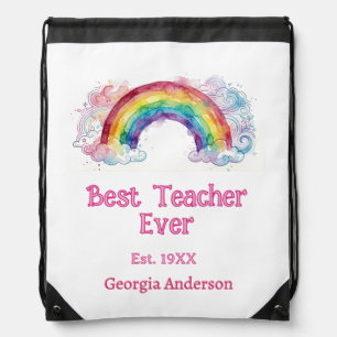 rainbow watercolor pastel best teacher ever est drawstring bag