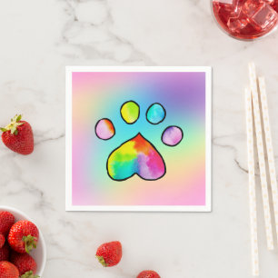 Rainbow Watercolor Paw Print Birthday Party Napkins