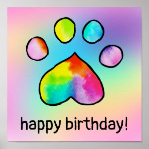 Rainbow Watercolor Paw Print Birthday Party Poster