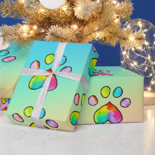 Rainbow Watercolor Paw Print Birthday Party Wrappi Wrapping Paper