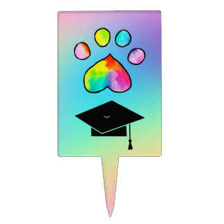 Rainbow Watercolor Paw Print Graduation Cake Topper