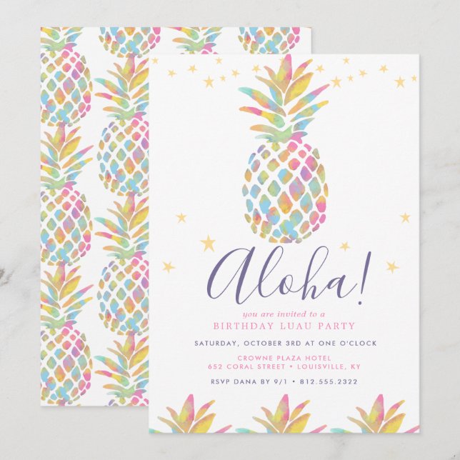 Rainbow Watercolor Pineapple Tropical Birthday Invitation (Front/Back)