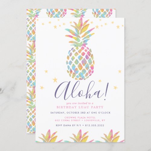 Rainbow Watercolor Pineapple Tropical Birthday Invitation