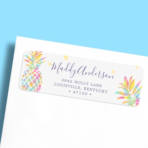 Rainbow Watercolor Pineapple Tropical Custom Label