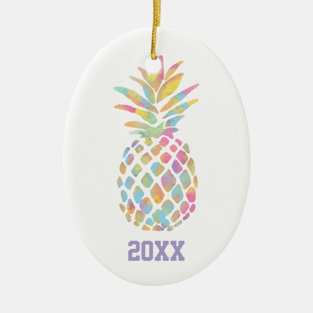Rainbow Watercolor Pineapple Tropical Personalized Ceramic Ornament (Front)