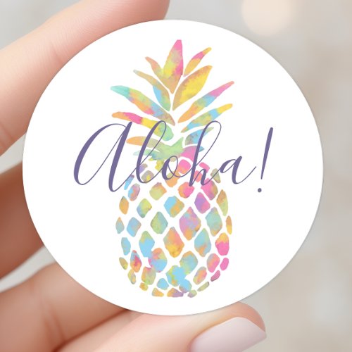 Birthday Party Supplies 4 Rainbow Watercolor Pineapple Tropical Personalized Classic Round Sticker