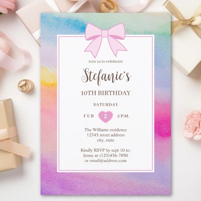 Rainbow Watercolor Pink Bow Girl Birthday Photo Invitation (Creator Uploaded)