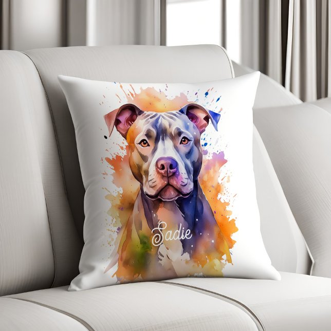 Rainbow Watercolor Pit Bull Personalized Throw Pillow (Creator Uploaded)