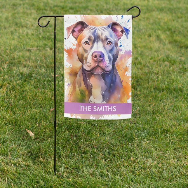 Rainbow Watercolor Pit Bull Personalized Welcome  Garden Flag (In SItu)
