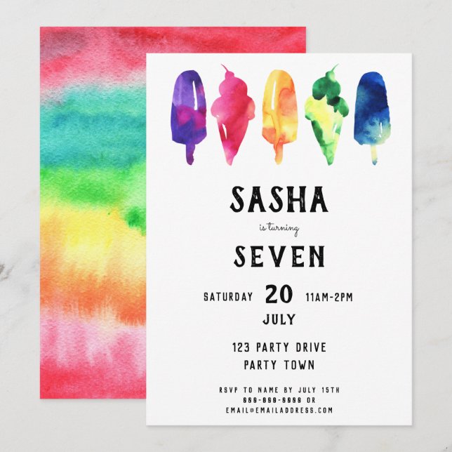 Rainbow Watercolor Popsicles Ice Cream Birthday Invitation (Front/Back)