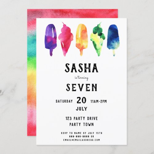 Rainbow Watercolor Popsicles Ice Cream Birthday Invitation