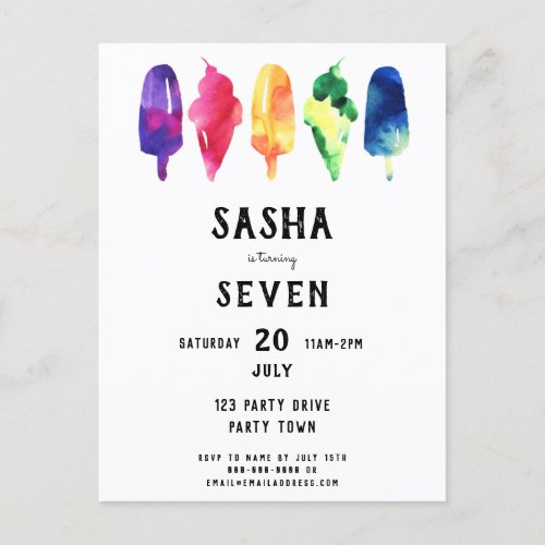 Rainbow Watercolor Popsicles Ice Cream Birthday Invitation Postcard