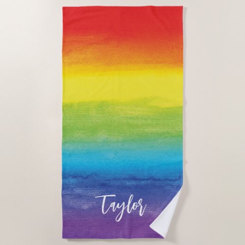 Rainbow Watercolor Purple Red Modern Name Beach Towel