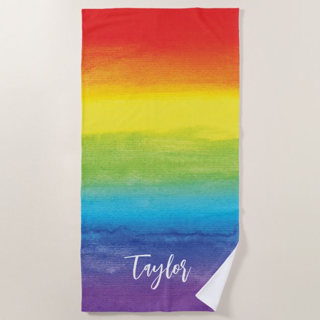 Rainbow Watercolor Purple Red Modern Name Beach Towel (Front)