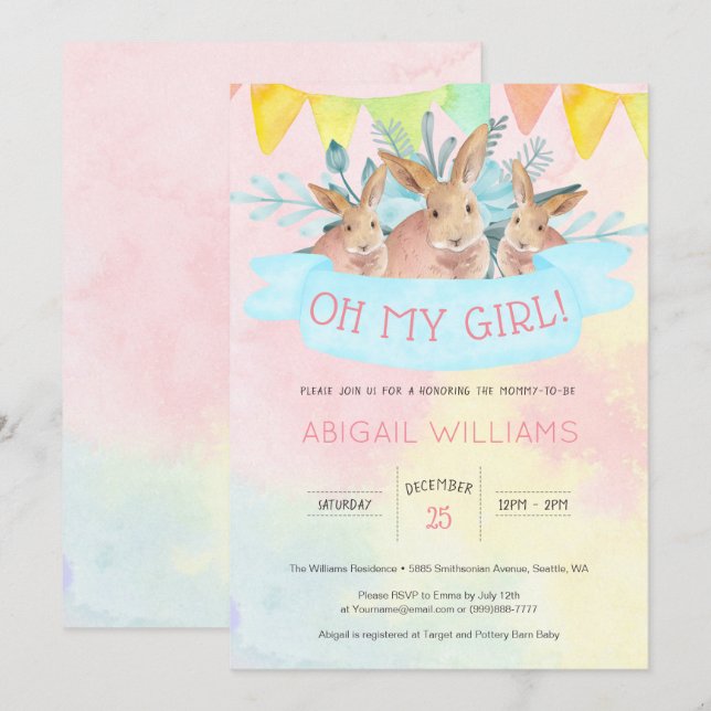 Rainbow Watercolor Rabbits Girl Baby Shower Invitation (Front/Back)
