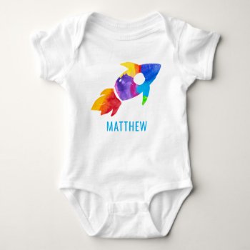 Rainbow Watercolor Rocket Outer Space Kids Baby Bodysuit by LilPartyPlanners at Zazzle