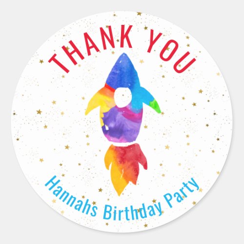 Rainbow Watercolor Rocket Outer Space Thank You Classic Round Sticker