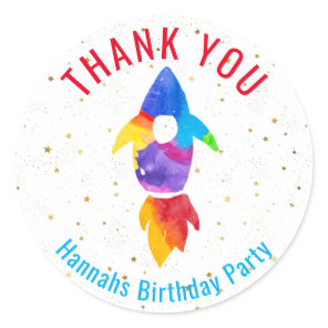 Rainbow Watercolor Rocket Outer Space Thank You Classic Round Sticker