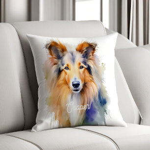 Rainbow Watercolor Rough Collie Dog Personalized Throw Pillow
