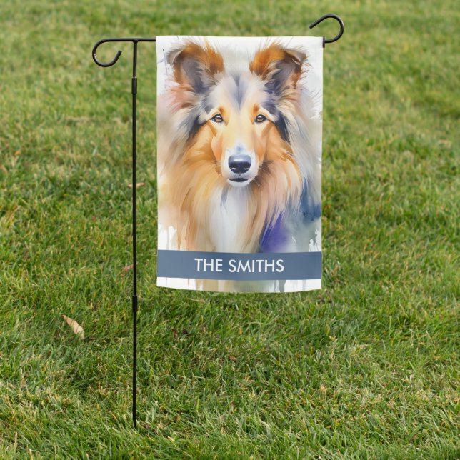 Rainbow Watercolor Rough Collie Welcome  Garden Flag (In SItu)