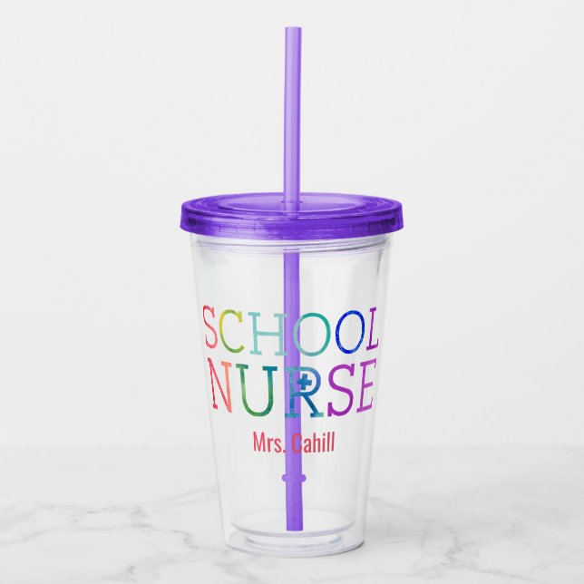 Rainbow Watercolor School Nurse Personalized Acrylic Tumbler (Front)