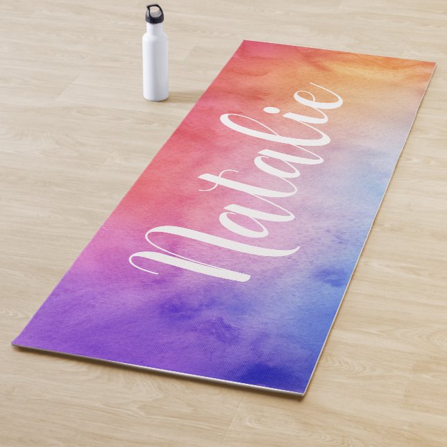 Rainbow Watercolor Script Monogram Name Yoga Mat (In Situ)