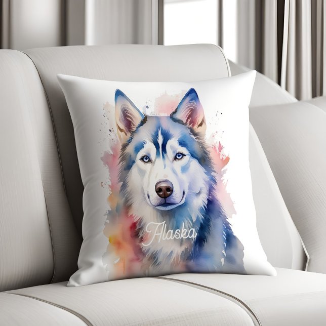 Rainbow Watercolor Siberian Husky Personalized Throw Pillow (Creator Uploaded)