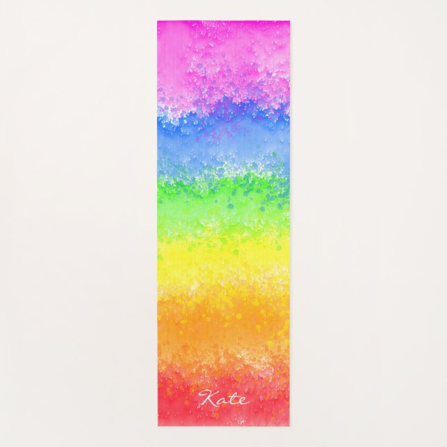 Rainbow watercolor splatter custom personalized yoga mat (Front)