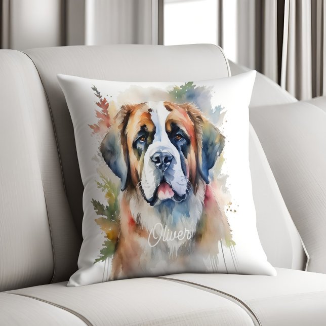 Rainbow Watercolor St. Bernard Dog Personalized Throw Pillow (Creator Uploaded)