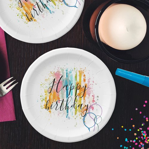 Rainbow Watercolor Stripes and Paint Splatters Paper Plates