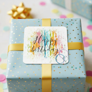 Rainbow Watercolor Stripes and Paint Splatters Square Sticker