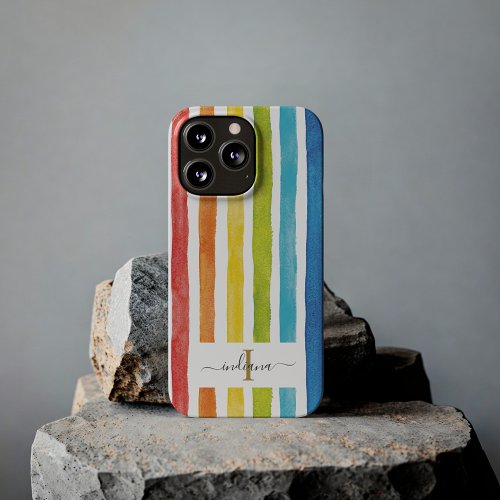 Rainbow Watercolor Stripes Colorful Monogram Name iPhone 13 Pro Case