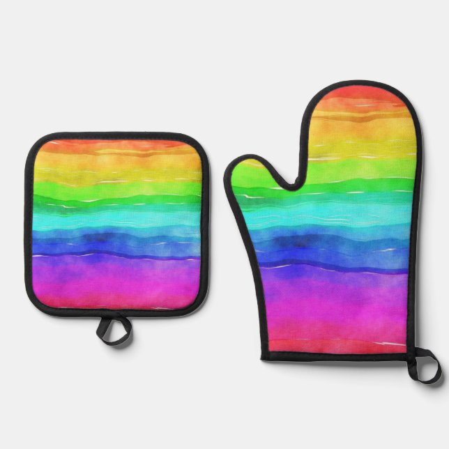 Rainbow Watercolor Stripes Design Oven Mitt & Pot Holder Set (Front)