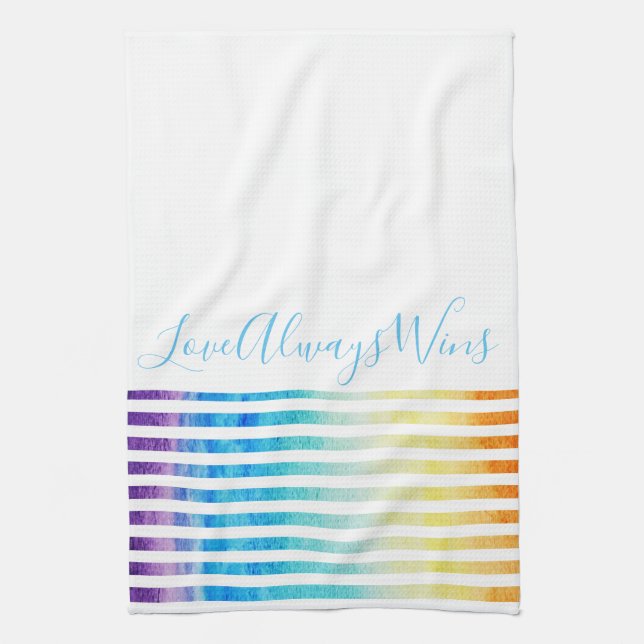 Rainbow Watercolor Stripes Love Always Wins Script Kitchen Towel (Vertical)