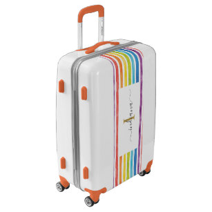 Rainbow Watercolor Stripes Monogram Script Name Luggage
