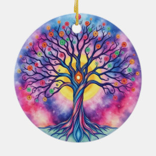 Rainbow Watercolor Tree of Life  Ceramic Ornament