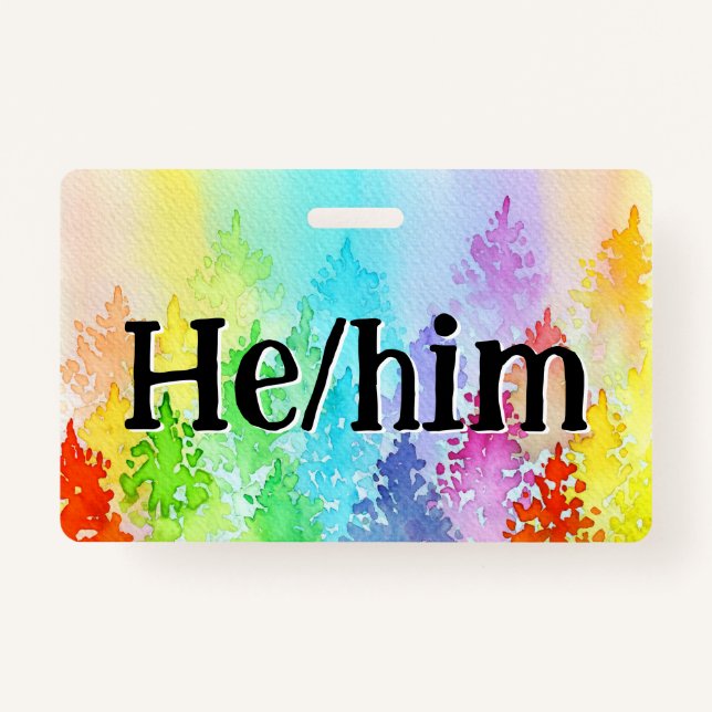 Rainbow Watercolor Trees Pronouns Badge (Front)