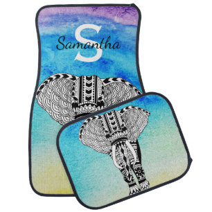 Rainbow Watercolor Tribal Elephant Personalized Car Floor Mat