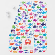 Rainbow Watercolor Under The Sea Crab Personalized Baby Blanket
