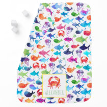 Rainbow Watercolor Under The Sea Crab Personalized Baby Blanket