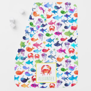 Rainbow Watercolor Under The Sea Crab Personalized Baby Blanket