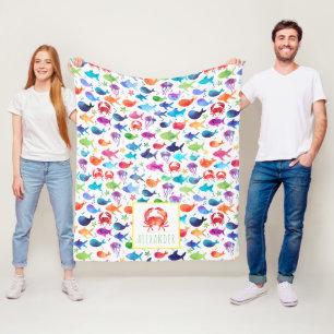 Rainbow Watercolor Under The Sea Crab Personalized Fleece Blanket