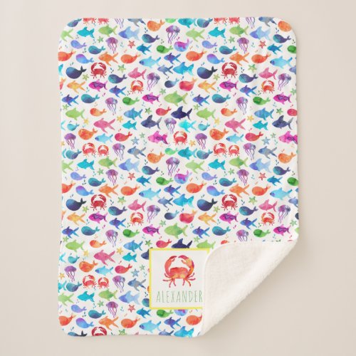 Rainbow Watercolor Under The Sea Crab Personalized Sherpa Blanket