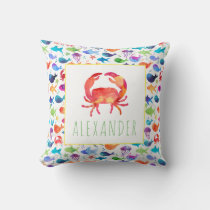 Rainbow Watercolor Under The Sea Crab Personalized Throw Pillow