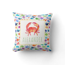 Rainbow Watercolor Under The Sea Crab Personalized Throw Pillow