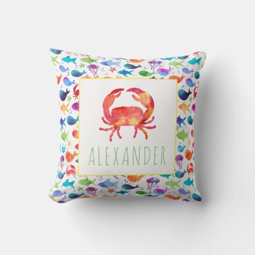Rainbow Watercolor Under The Sea Crab Personalized Throw Pillow