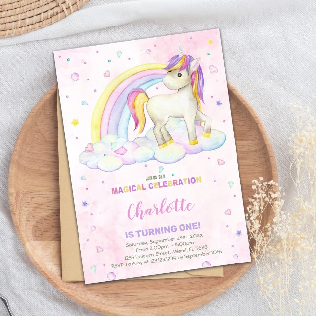 Rainbow Watercolor Unicorn Birthday Invitation (Rainbow Watercolor Unicorn Birthday Invitations)
