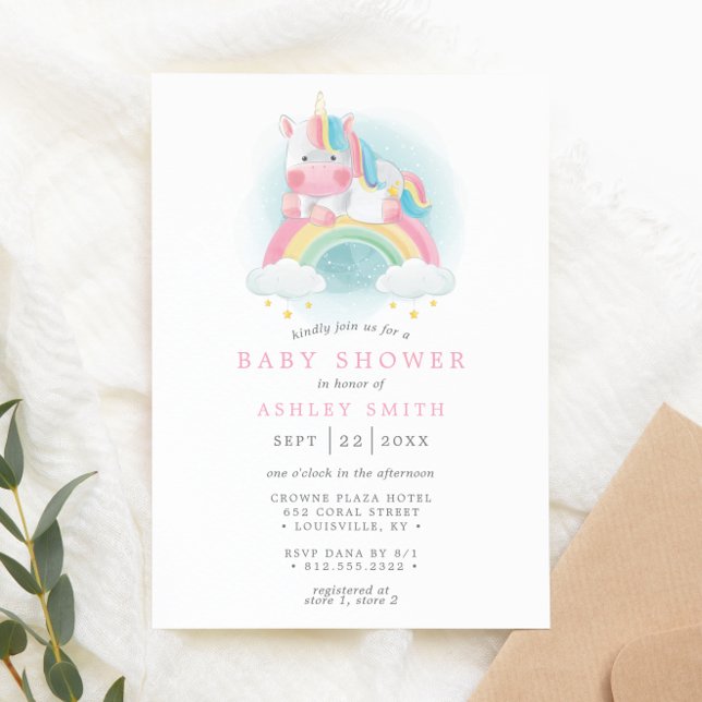Rainbow Watercolor Unicorn Pink Girl Baby Shower Invitation