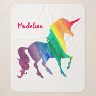 Rainbow Watercolor Unicorn Silhouette Girls Sherpa Blanket